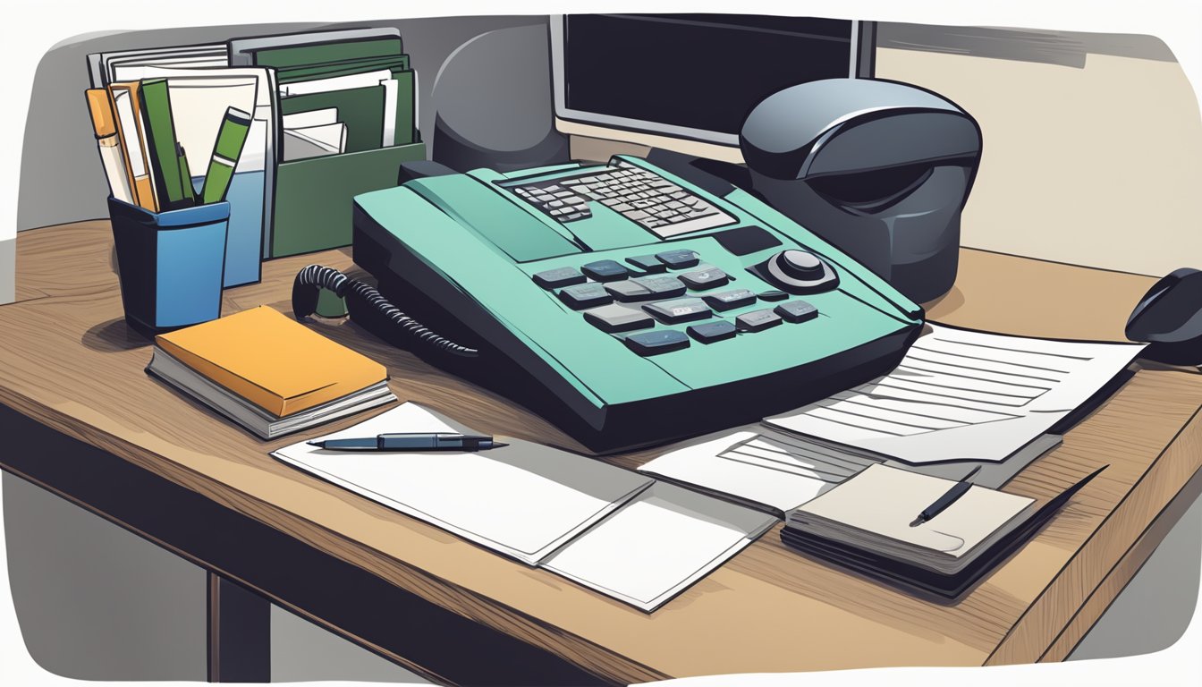 A desk with a telephone, computer, and file folders. A diploma and a headhunter's business card are visible