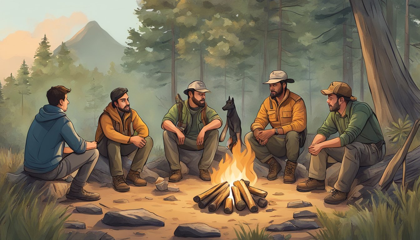 A group of diverse individuals gather around a campfire, sharing knowledge and experiences about hunting and wildlife conservation