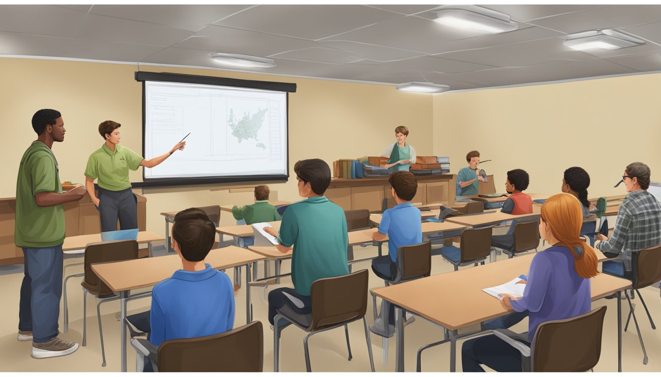 A hunter education course scene with a classroom setting, instructor teaching, students listening, and educational materials on the table