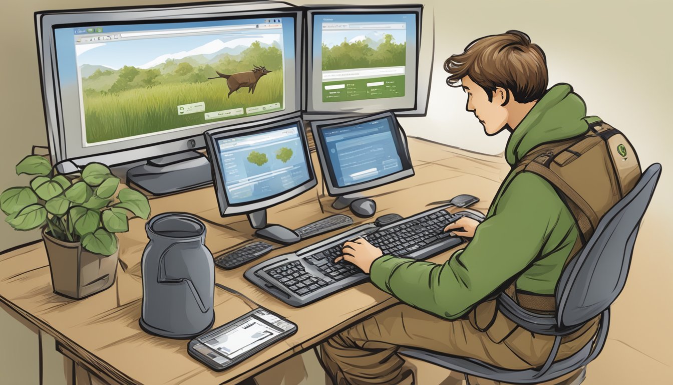 A person using a computer to access the hunter education website, entering their Hunter Education Number to retrieve their hunter education number