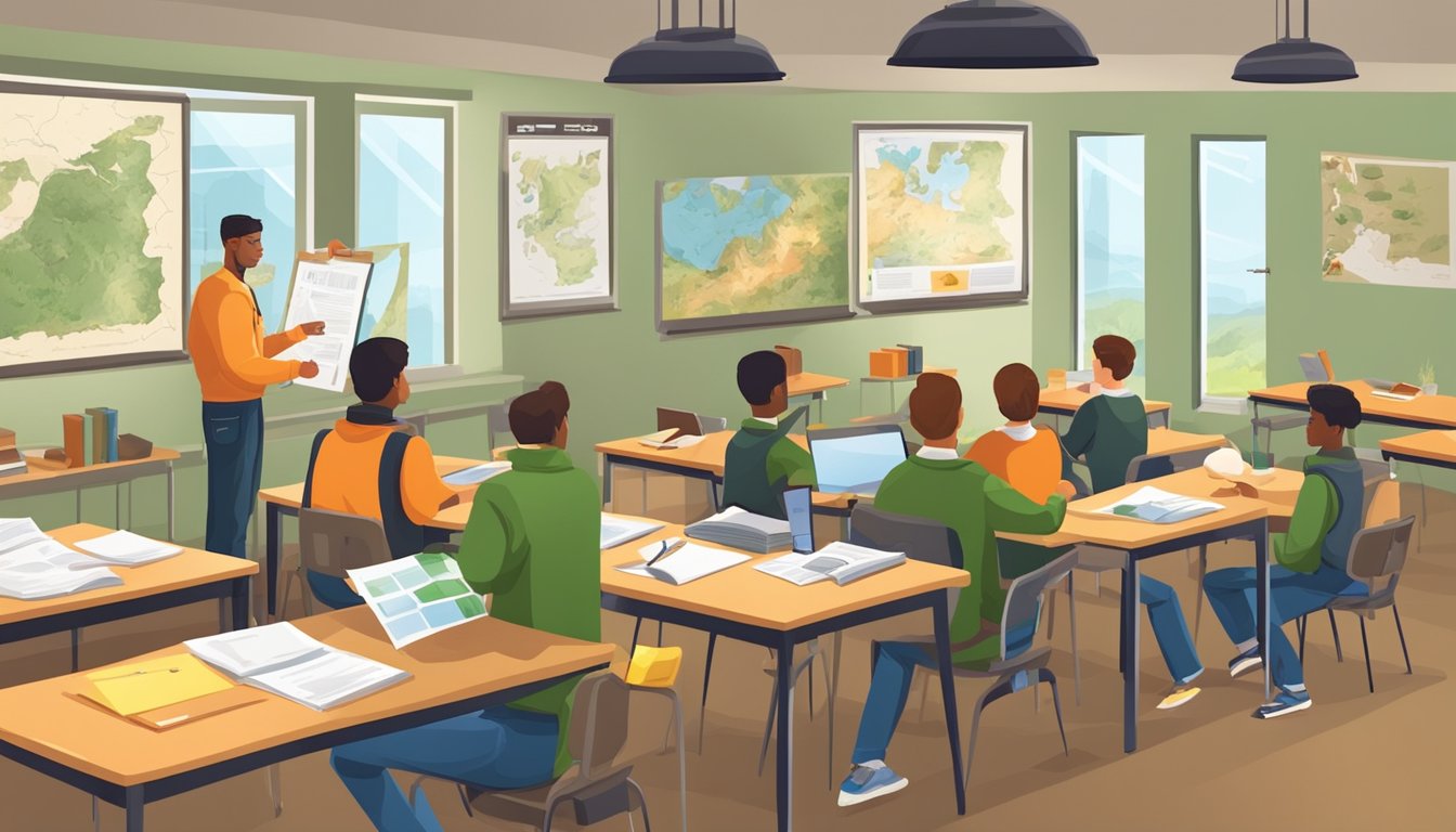 A hunter education course in a classroom with students and an instructor, surrounded by educational materials and posters about hunting safety