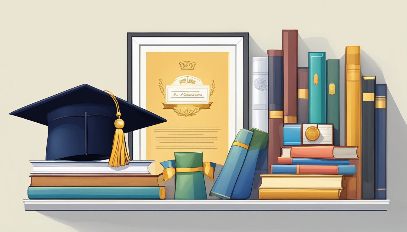 A graduation cap on a bookshelf, surrounded by awards and a framed diploma