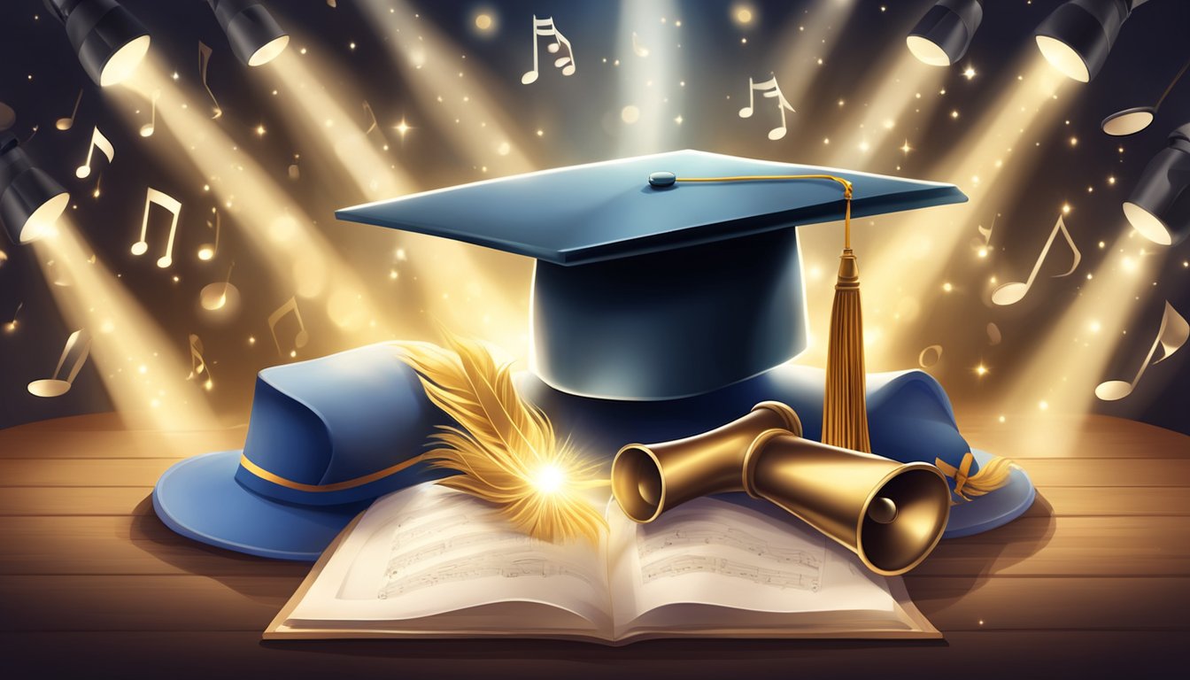 A spotlight shines on a stage with a graduation cap and diploma, surrounded by theater masks and musical notes