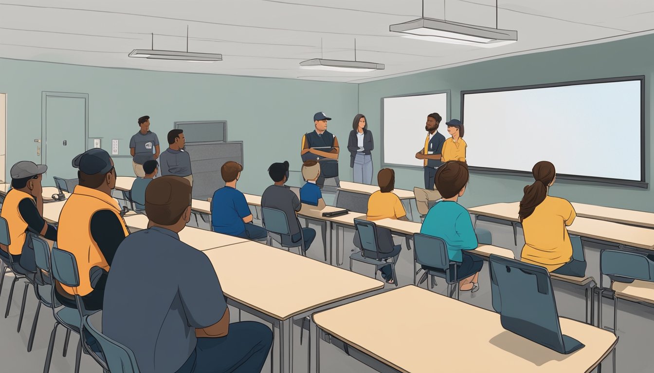 A group of students listen attentively as an instructor demonstrates proper firearm handling and safety techniques in a classroom setting