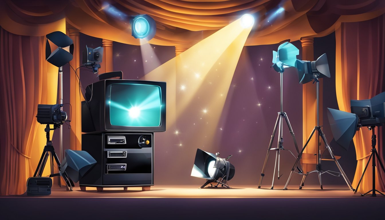 A spotlight shining on a television and theater stage with various props and equipment scattered around