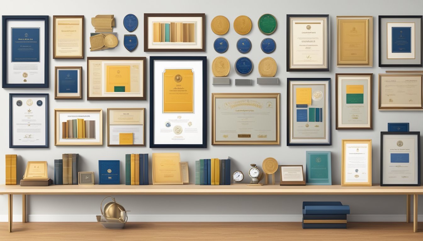 A collection of academic awards and certificates displayed on a shelf, surrounded by framed photographs of academic achievements and recognition ceremonies