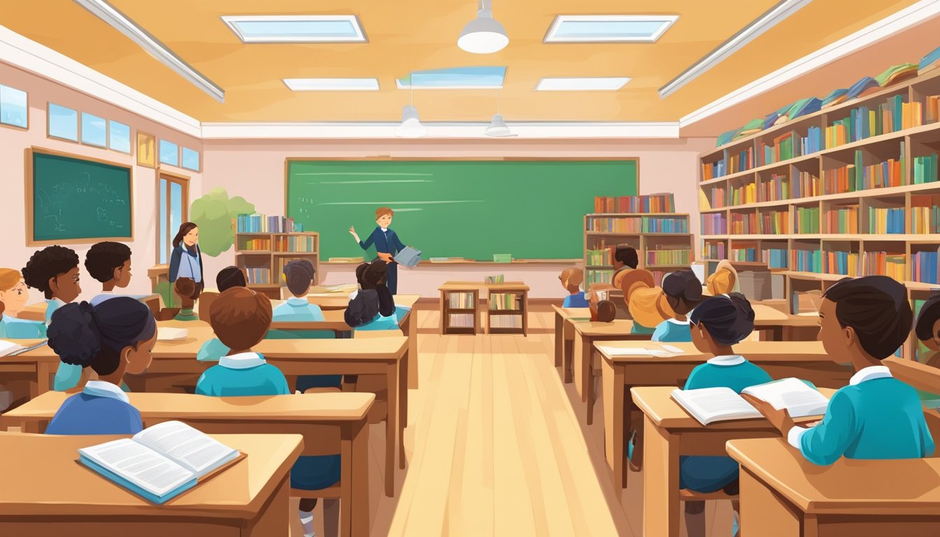 A classroom filled with eager students, surrounded by books and educational materials. The walls are adorned with images of influential figures in education