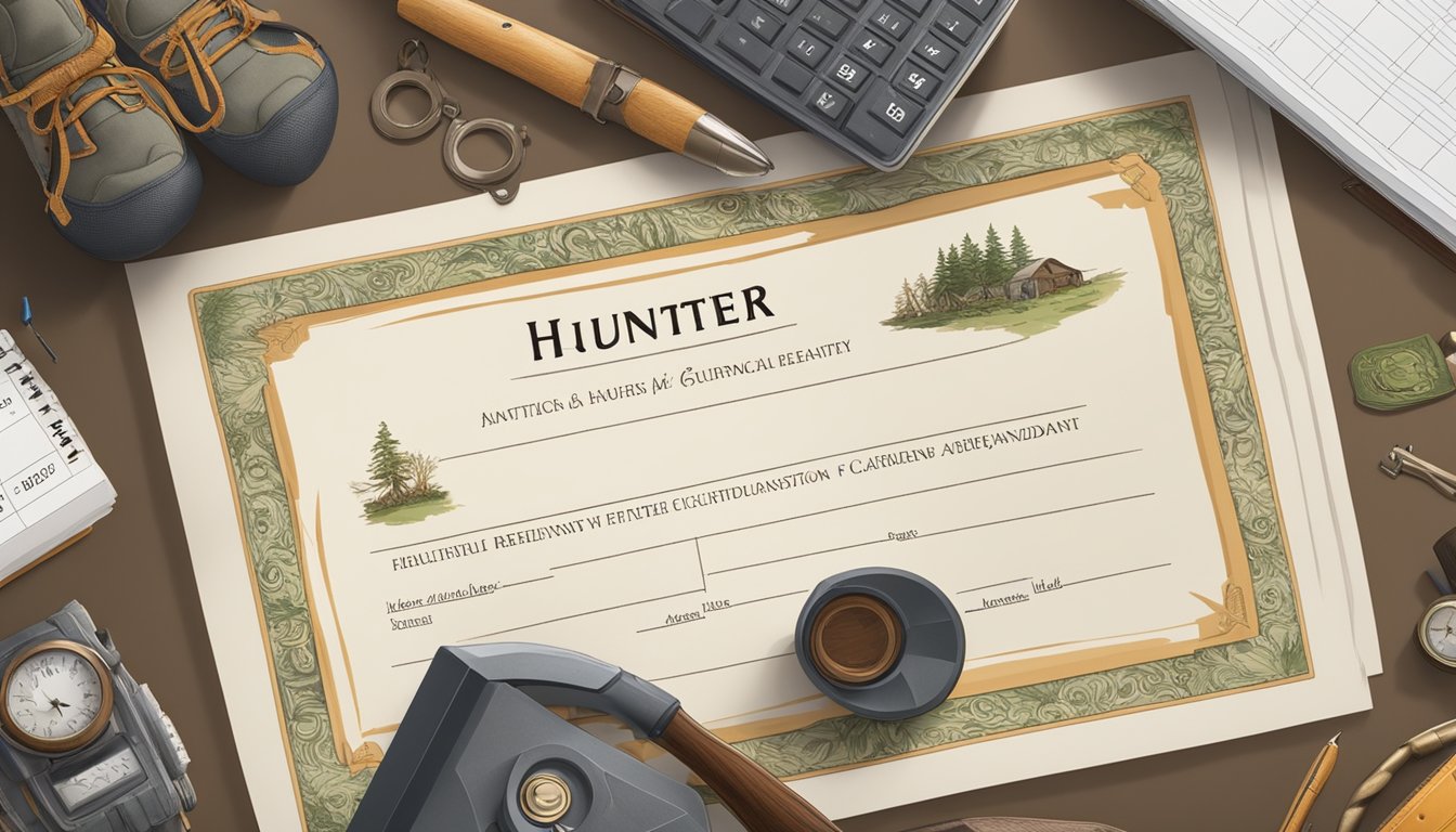 A hunter education certificate lying on a desk, surrounded by hunting gear and a calendar showing the current date