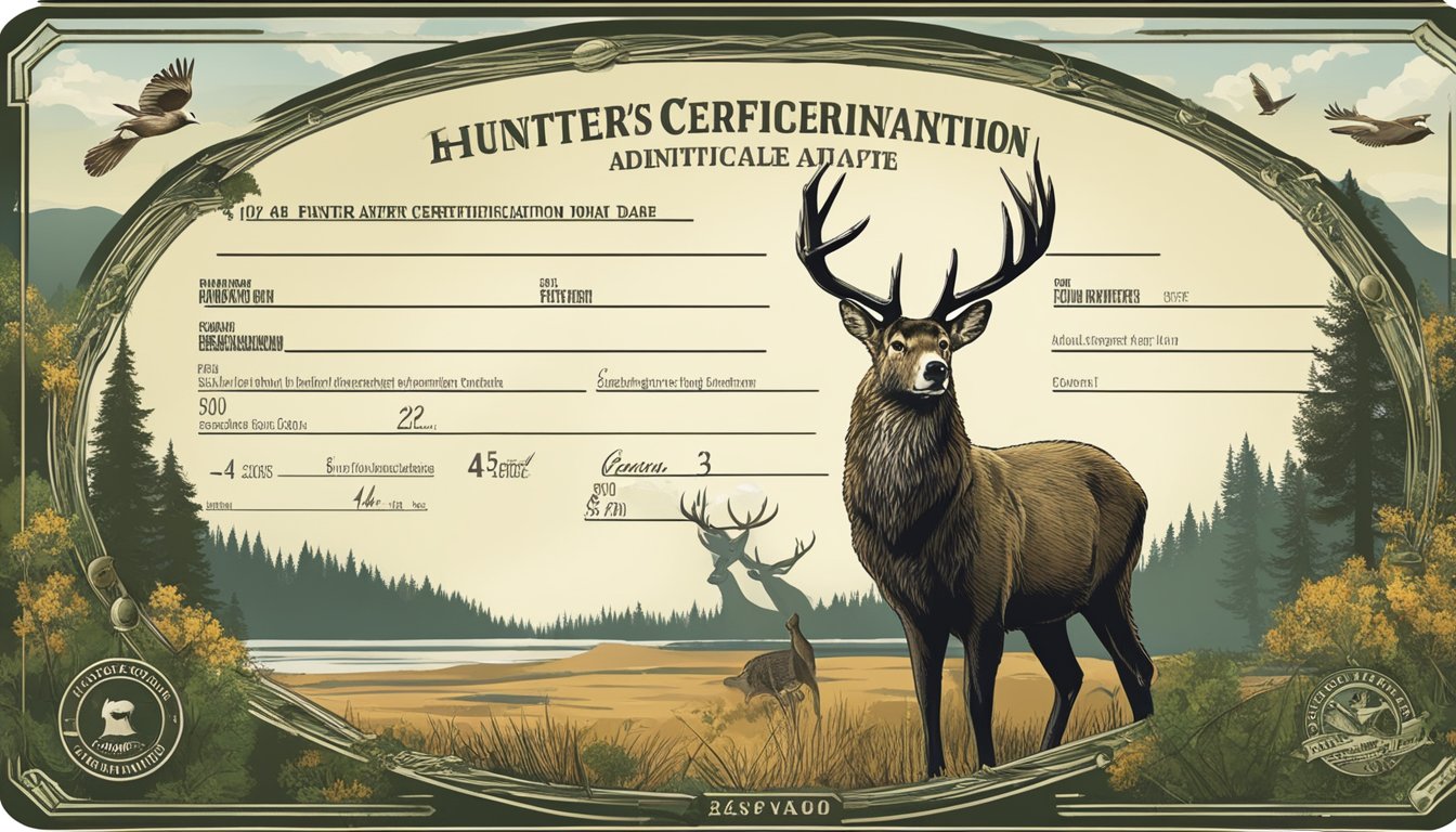 A hunter's certification card with an expiration date, surrounded by nature and wildlife