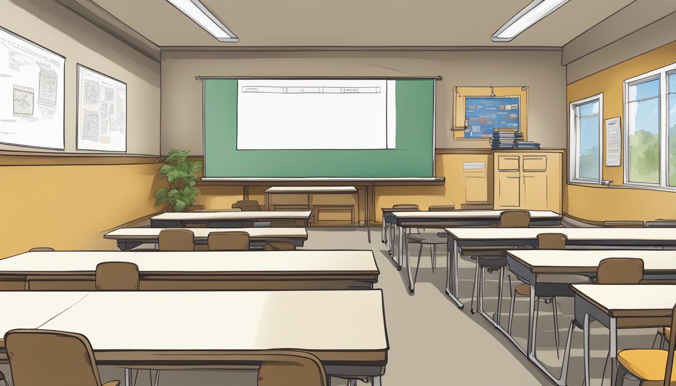 A classroom setting with a whiteboard or presentation screen displaying the different chapters of a hunter education course. Materials such as books, pamphlets, or visual aids may be present