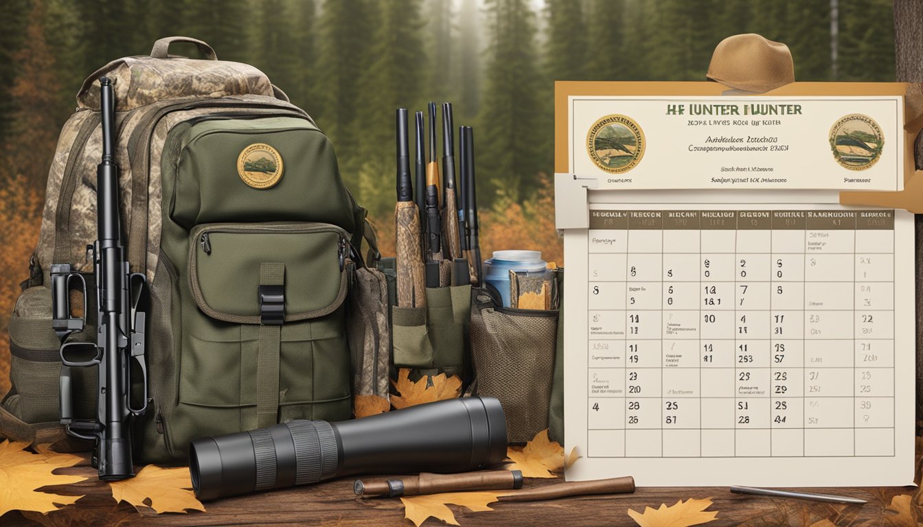 A hunter education certificate displayed alongside hunting gear and a calendar with expiration date circled