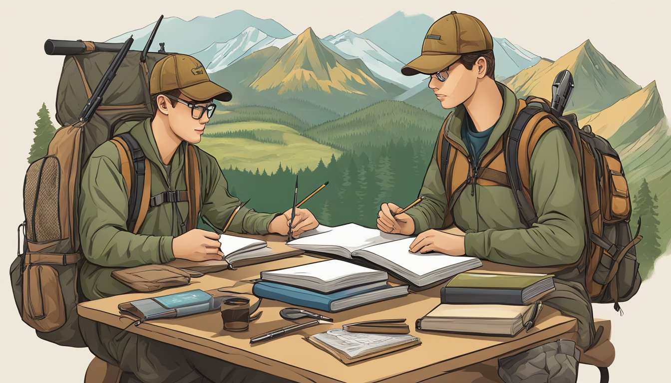 A student completing the Hunter Education Course, with chapters and quizzes, surrounded by hunting gear and wildlife illustrations