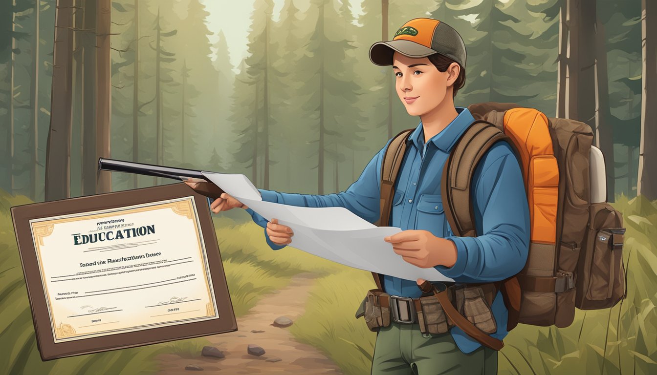 A person holding a hunter education certificate with an expiration date, surrounded by outdoor and hunting gear