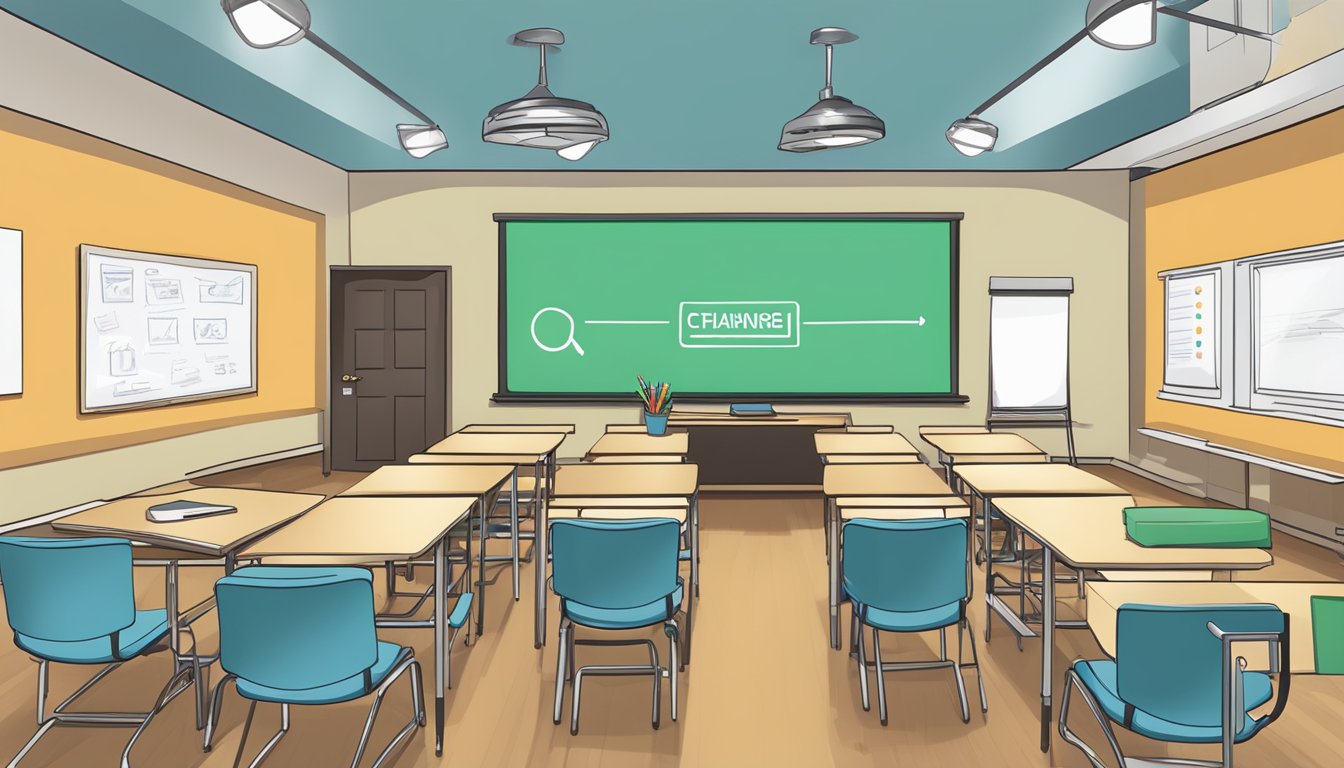 A classroom setting with a whiteboard and chairs, a projector displaying information on hunter education course options