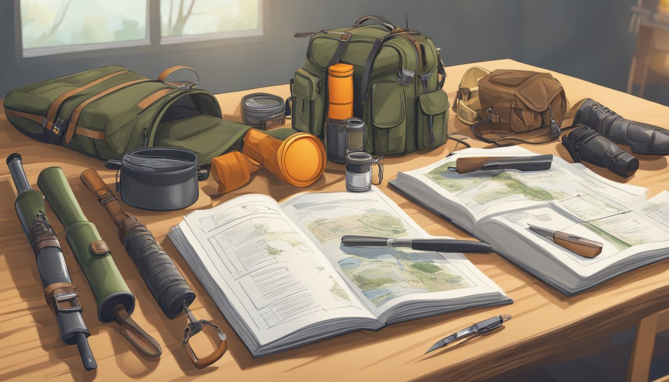 A hunter education course booklet open on a table with various hunting gear and safety equipment scattered around it