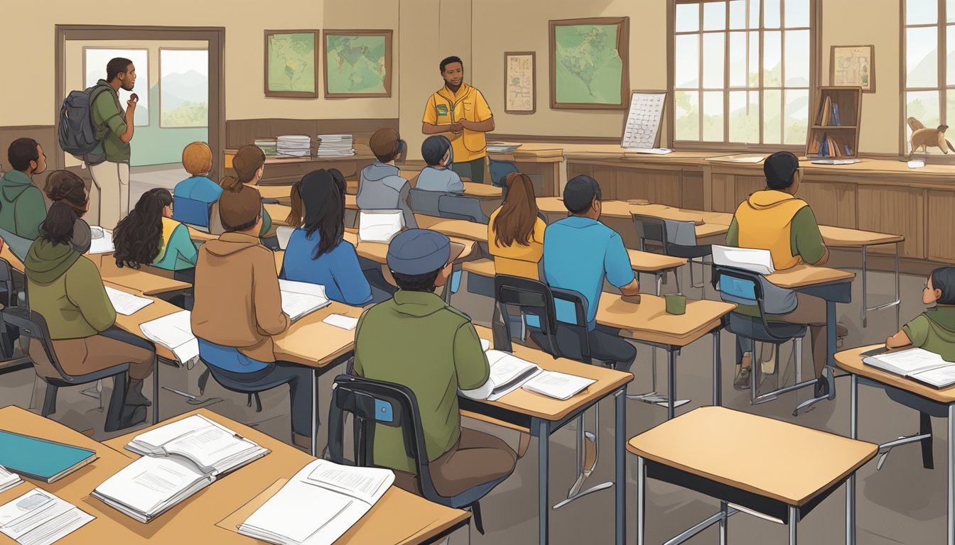 A group of students in a classroom, listening to an instructor talk about specialized hunter education. Visual aids and props are displayed around the room