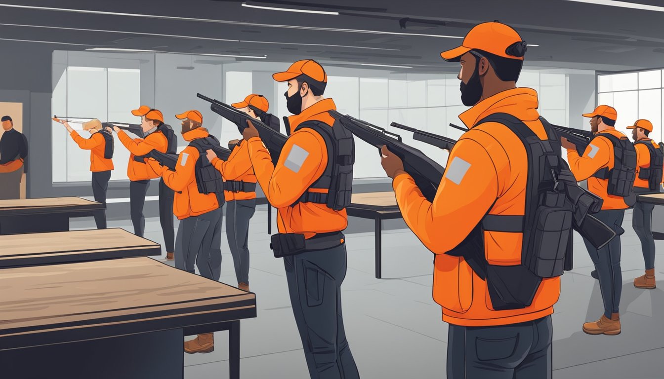 A group of hunters, some wearing bright orange vests, practice firearm safety and marksmanship at a shooting range. Instructors watch closely, ensuring proper technique