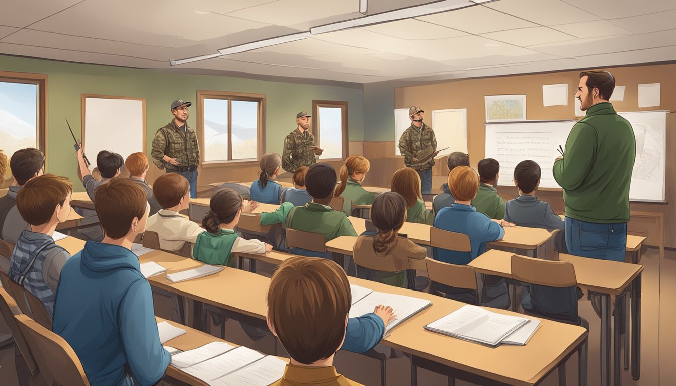 A hunter education instructor teaching a class on hunting laws and regulations to a group of attentive students in a classroom setting