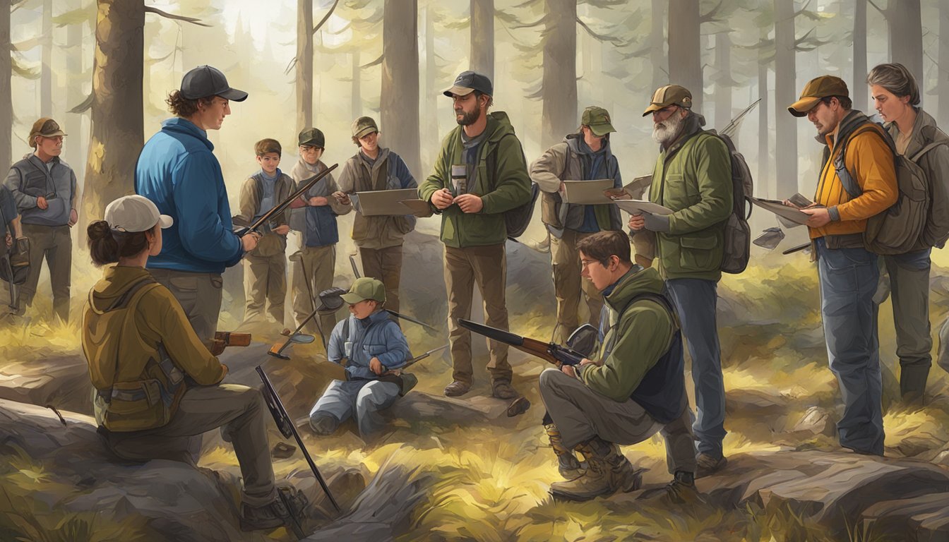 A hunter education class in session, with students listening to an instructor and examining hunting equipment and safety gear