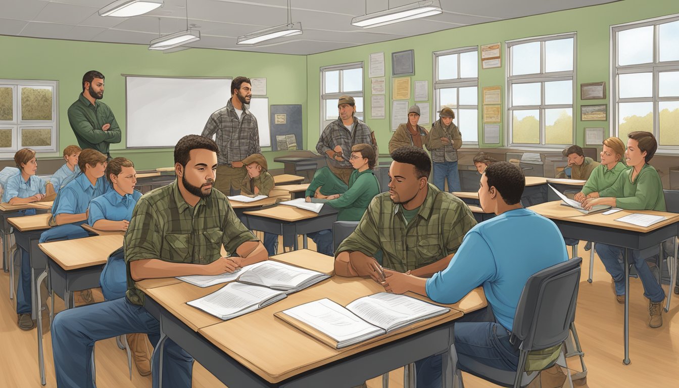 A group of hunters studying safety rules, wildlife identification, and firearm handling in a classroom setting