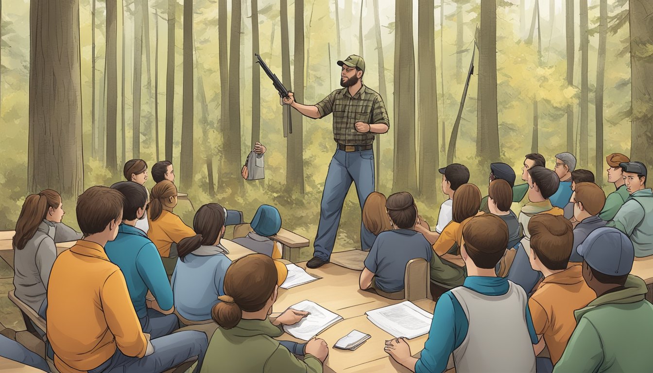 A hunter education instructor teaching a class on legal requirements and compliance to a group of students