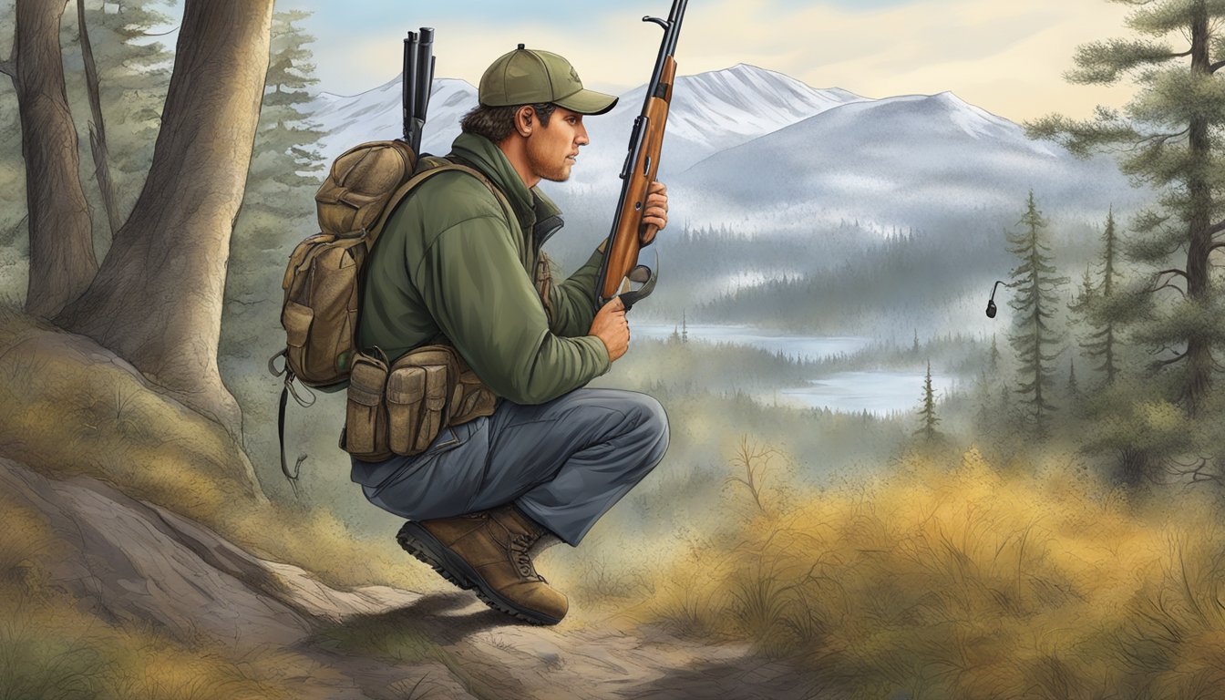 A hunter safely navigating through the wilderness, identifying animal tracks and practicing firearm safety