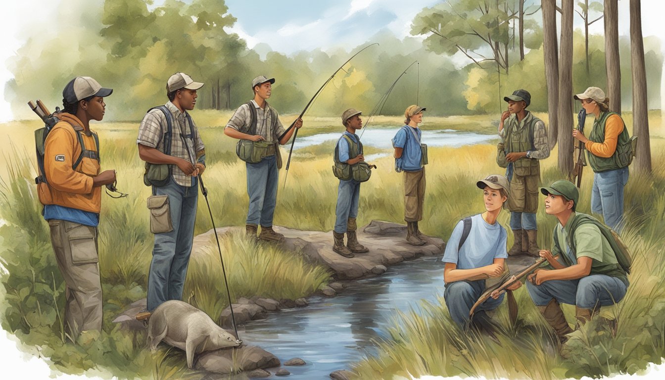 A group of diverse individuals engaged in outdoor activities such as hunting, fishing, and wildlife conservation, demonstrating the positive impact of hunter education on the future