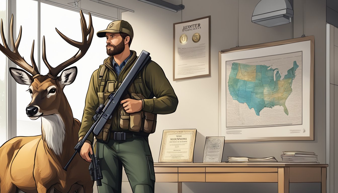 A hunter standing proudly next to a deer, with a rifle and hunter education certificate displayed on a wall behind them