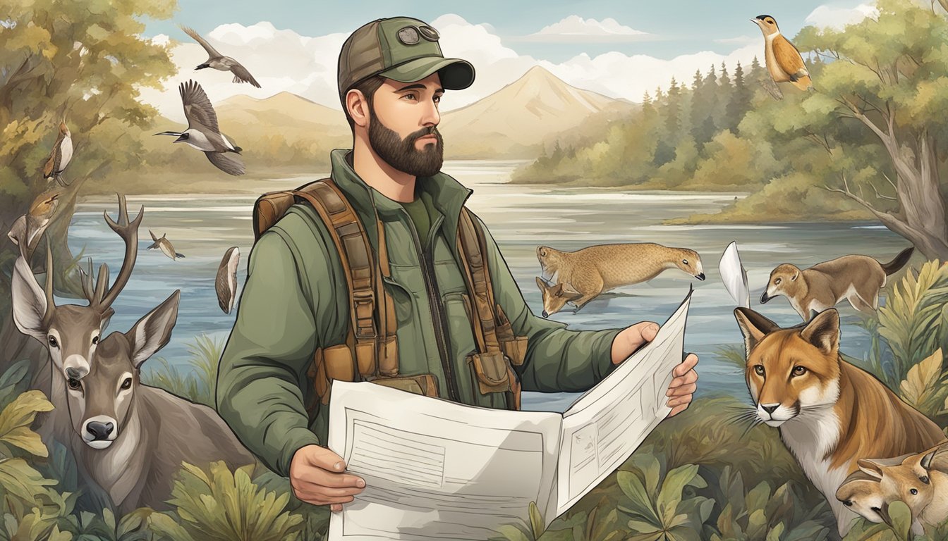 A hunter holding a certificate with a unique number, surrounded by images of wildlife and nature