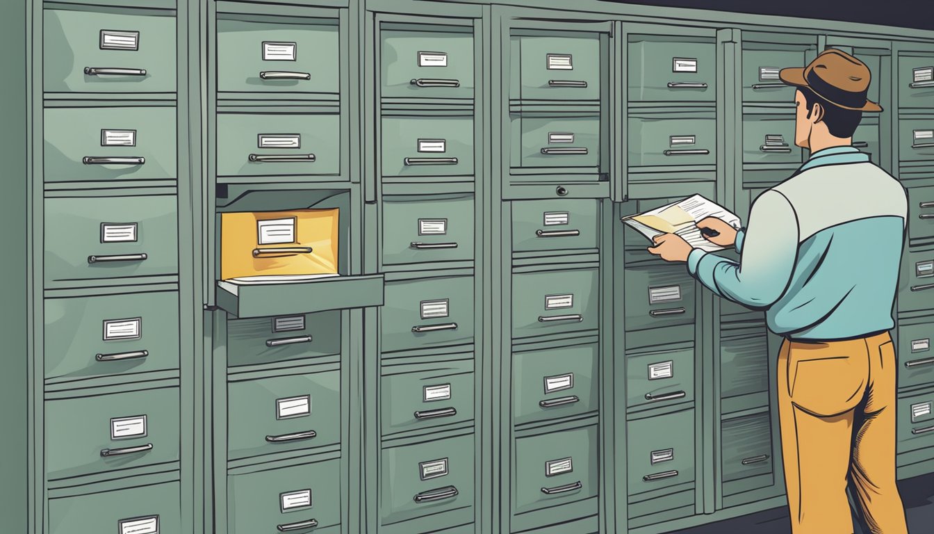 A person searching through a filing cabinet labeled "Hunter Education Certificates" for their lost card