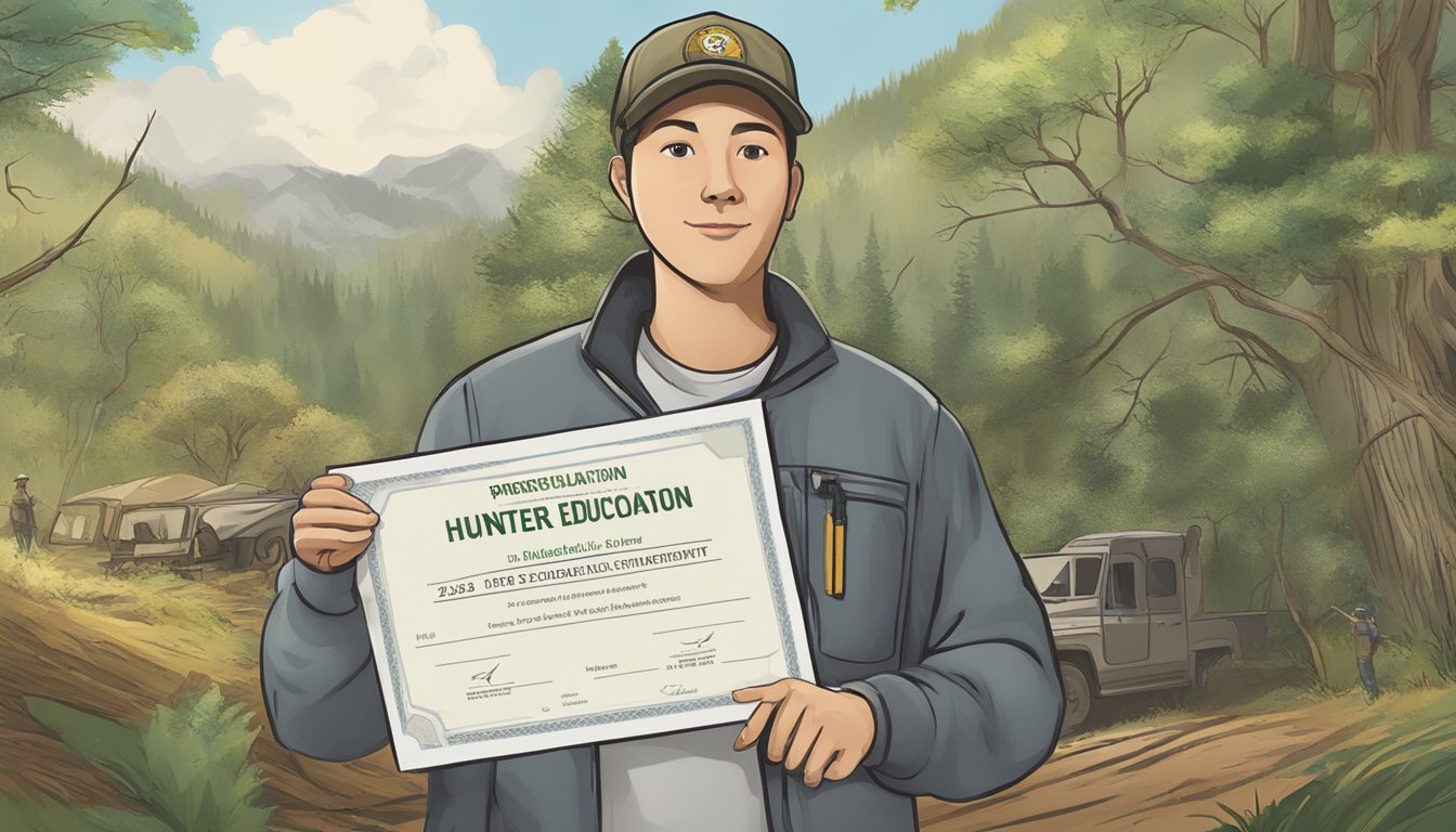 A person holding a hunter education certificate with a unique identification number displayed prominently