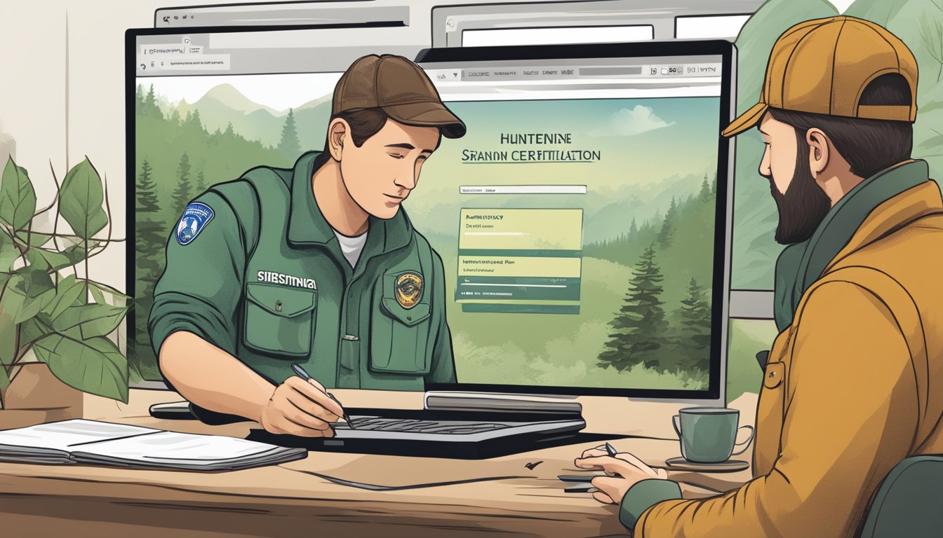 A person logging into a state wildlife agency website, searching for their hunter education certificate number under the "Certifications" section