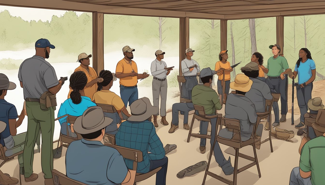 A group of diverse individuals attending a hunter education class, listening to an instructor and engaging in hands-on activities to learn about firearm safety and wildlife conservation