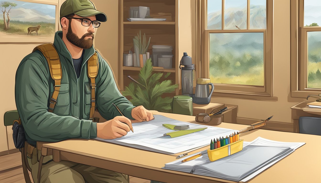 A hunter education instructor prepares lesson materials and visual aids for a class, including safety equipment and wildlife identification guides