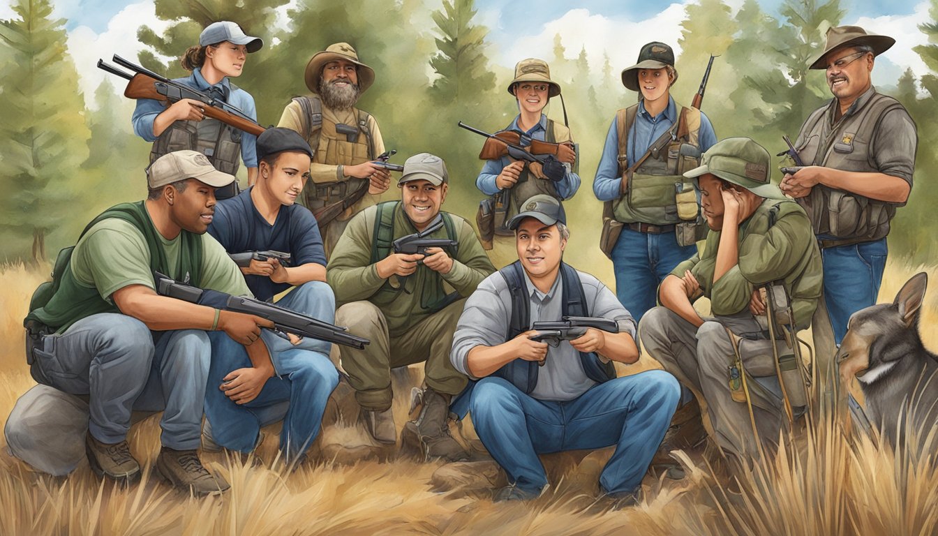 A group of diverse individuals participating in a hunter education program, engaging in hands-on activities and learning about firearm safety and wildlife conservation