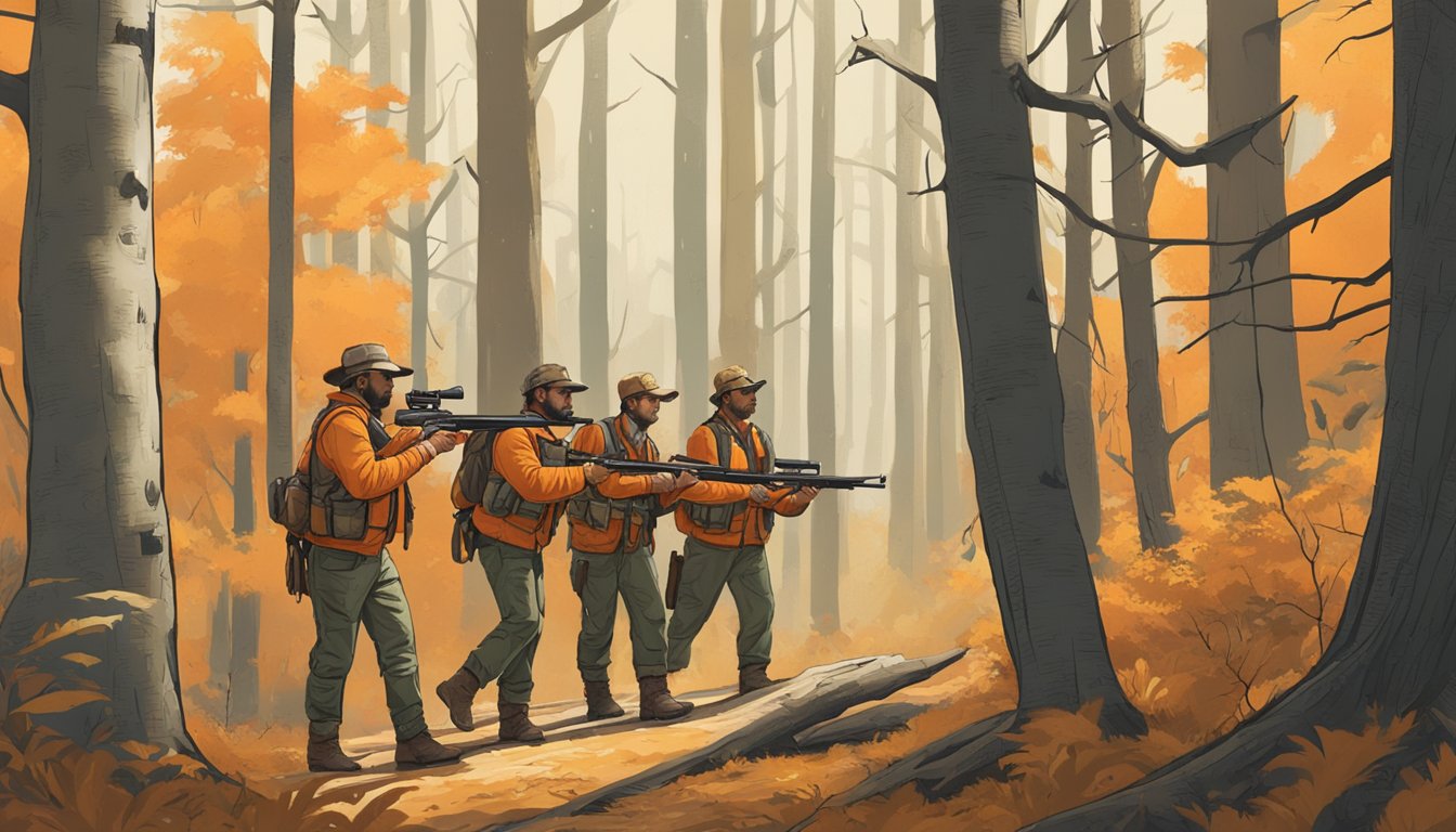 A group of hunters wearing orange vests and carrying rifles walking through a forest. One hunter points to a safety poster on a tree