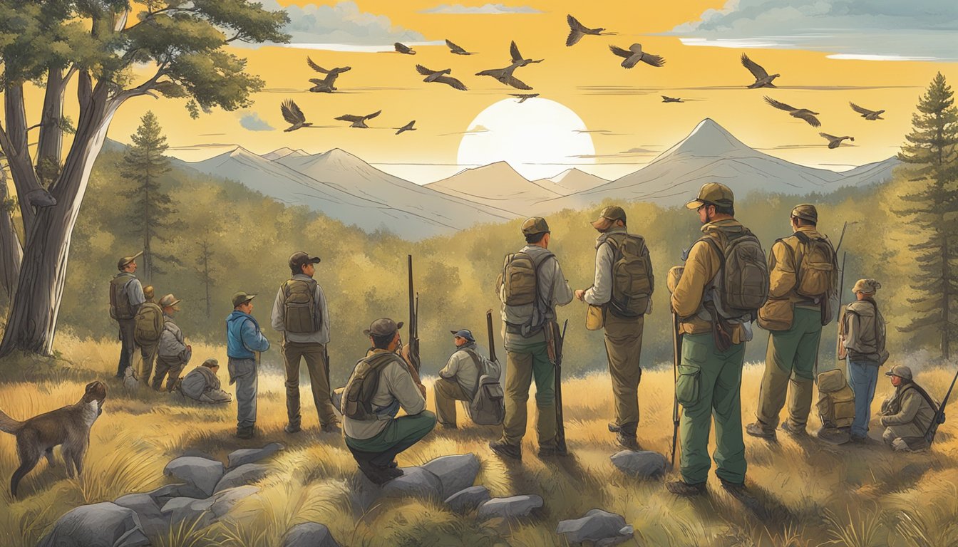 A group of hunters attending an education program, learning about safety and conservation practices. Displayed charts show decreasing hunting accidents and increased wildlife population