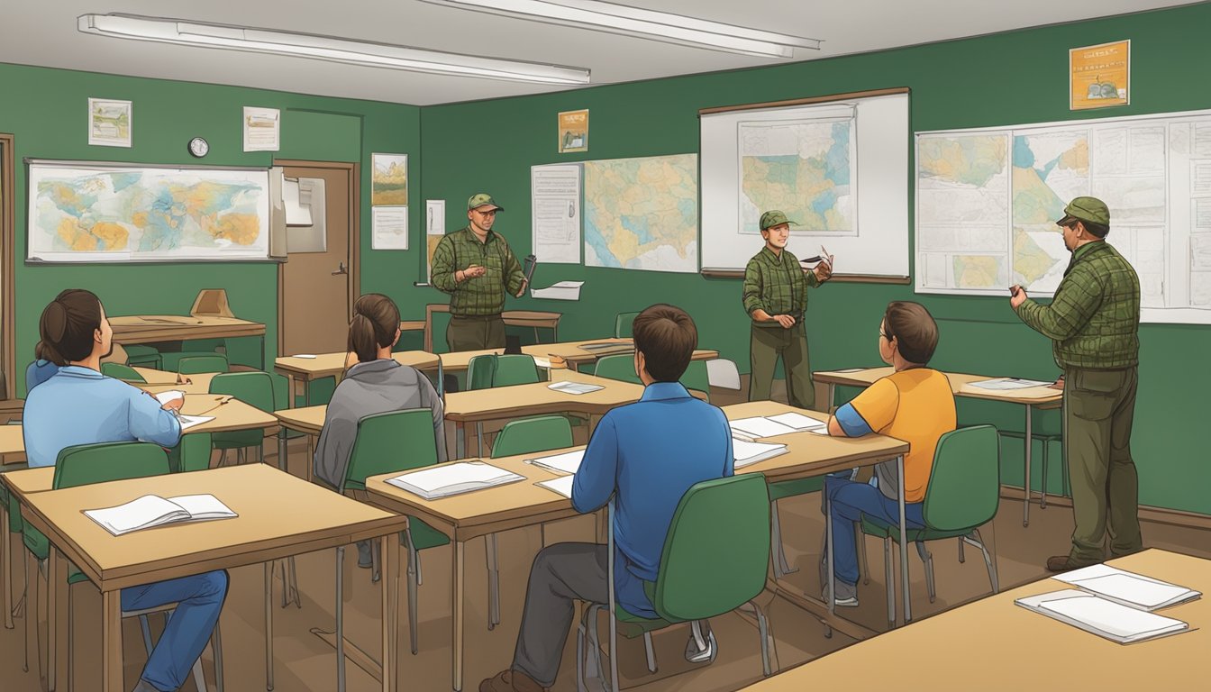 A group of instructors teaching hunter education in a classroom with safety and ethics posters on the walls