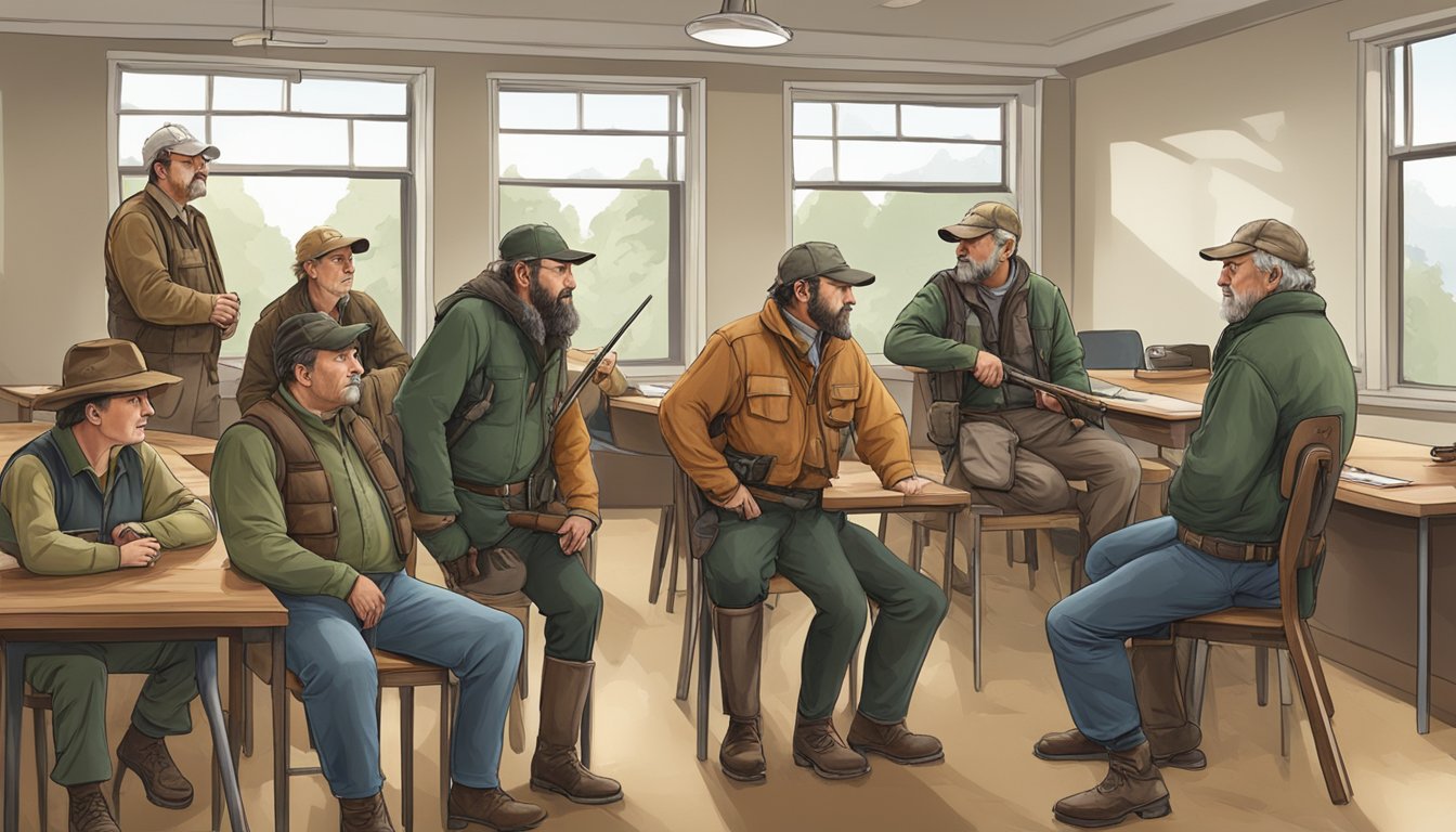 A group of experienced hunters gathering in a classroom, discussing and demonstrating hunting techniques and safety protocols