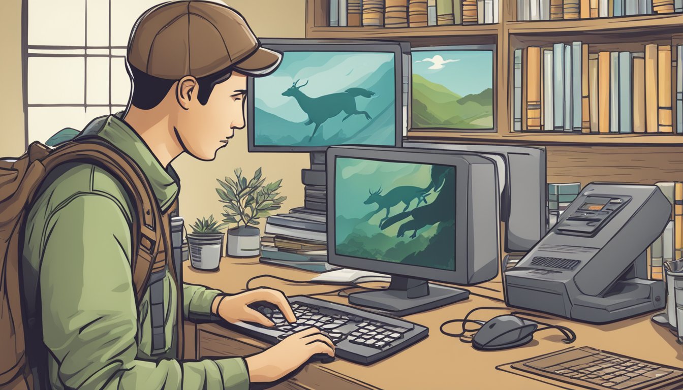 A person using a computer to access a digital hunter education platform, searching for their hunter education number