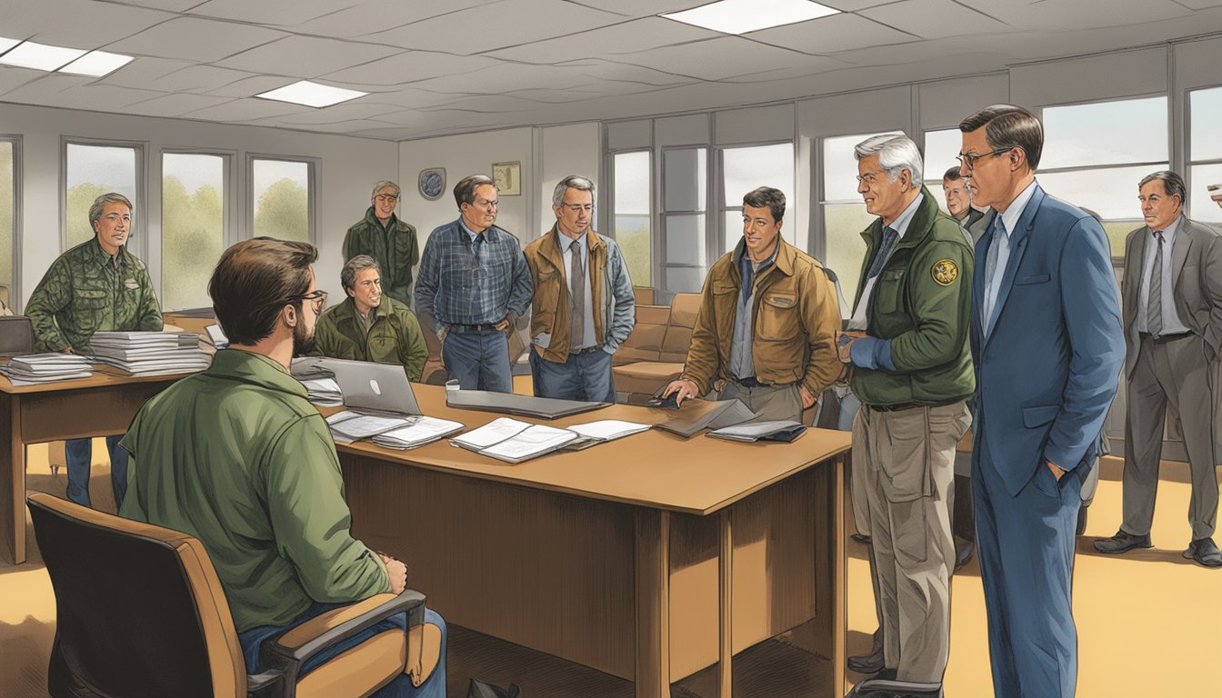 A group of individuals discussing hunting safety and education materials in a state department office