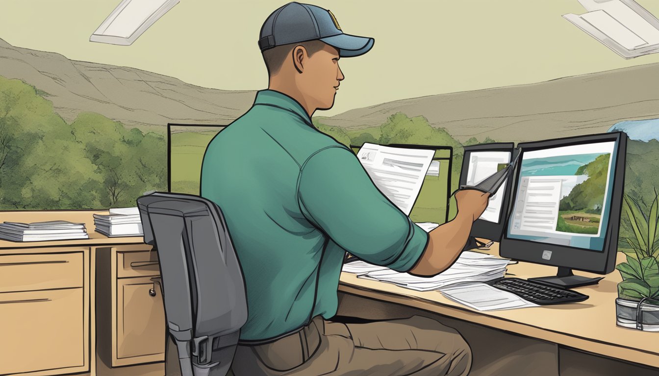 A person holding a certificate and using a computer to access a state wildlife agency website