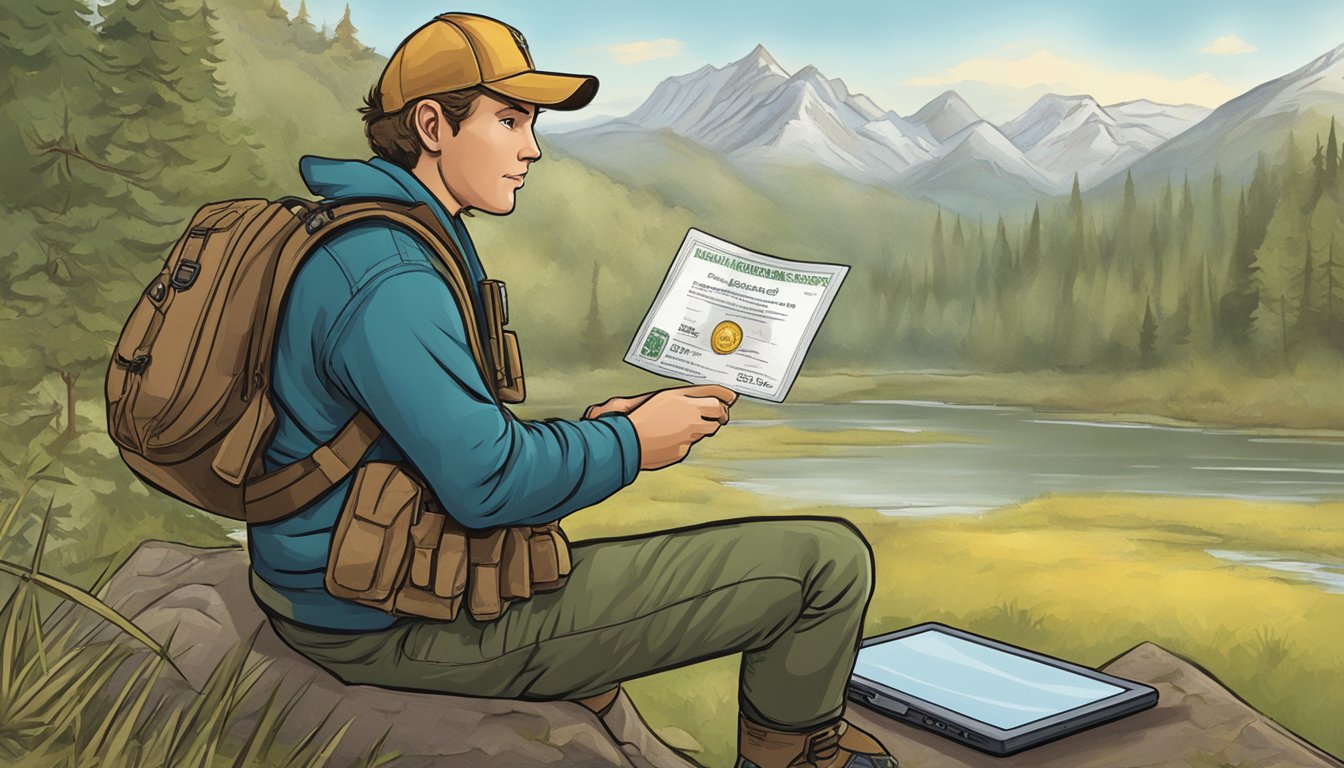 A hunter holding a certification card, using a computer to search for their hunter education number