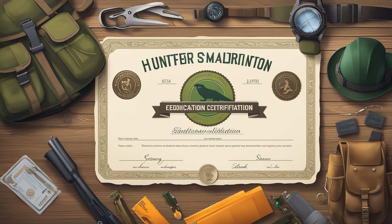 A hunter's education certificate and identification card lying on a wooden table, surrounded by hunting gear and safety equipment