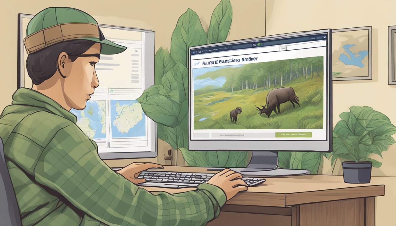 A person using a computer to access a state wildlife agency website, searching for "hunter education number" in the search bar