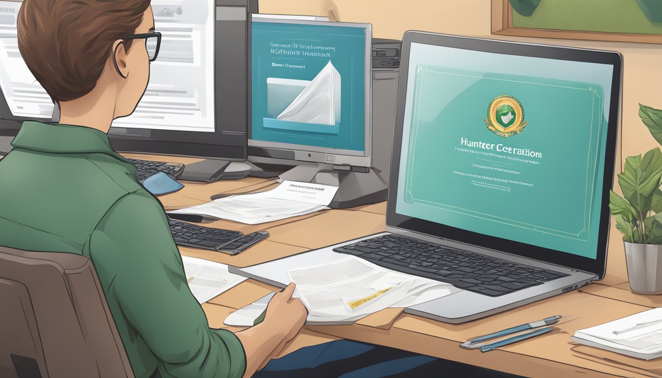 A person holding a hunter education certificate with a computer and printer in the background