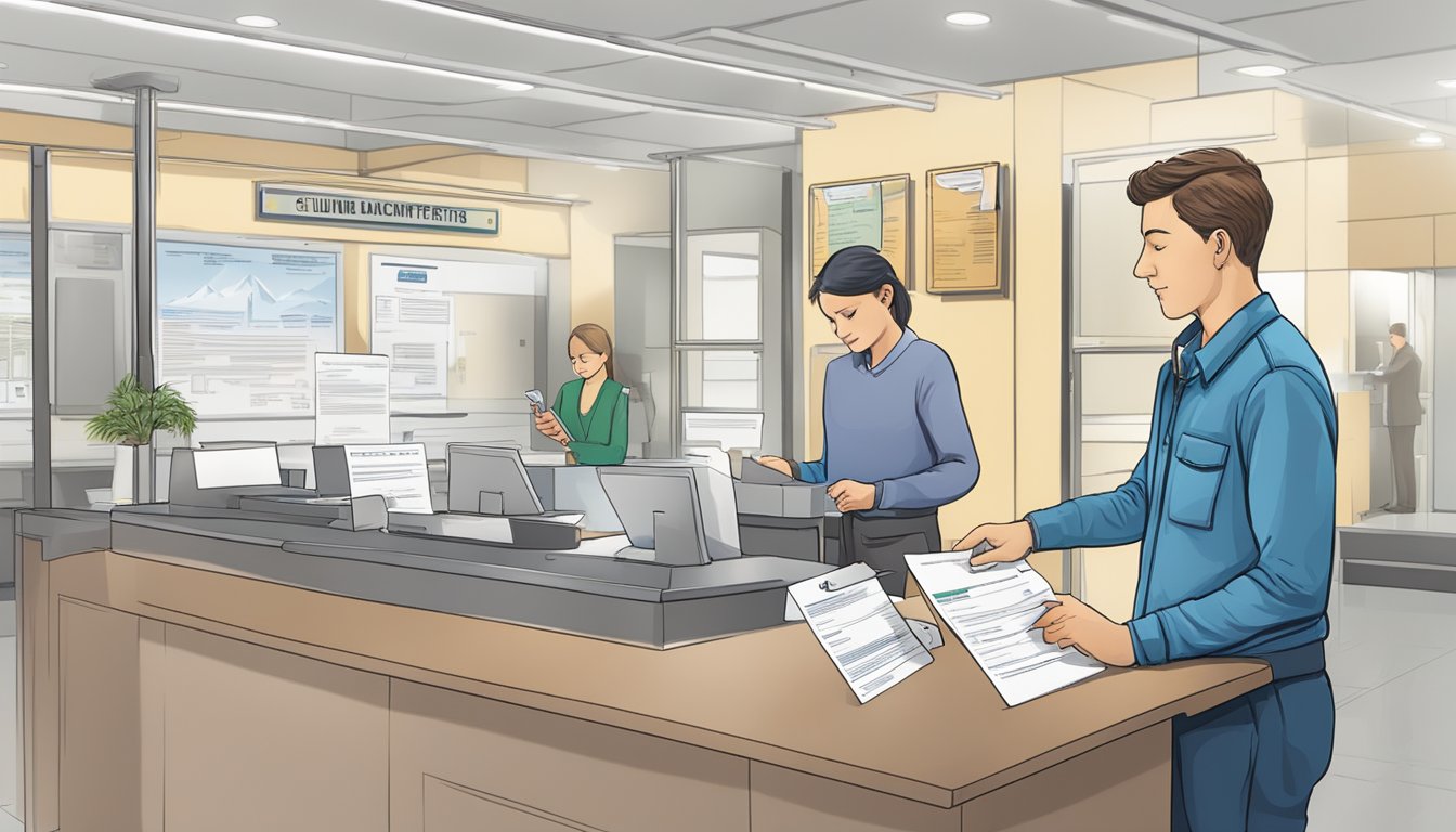 A person holding a hunter education certificate and filling out a replacement form at a government office counter