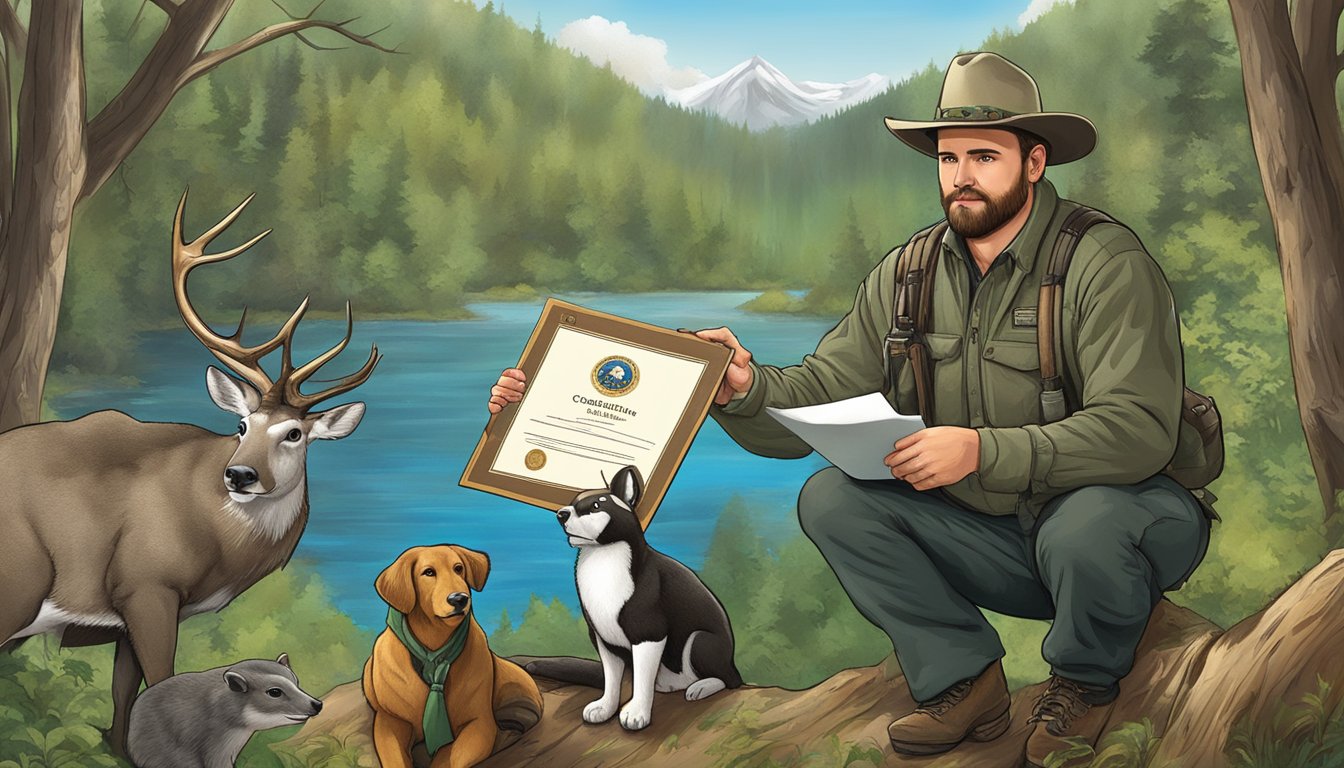 A hunter holding a certificate with a state-specific emblem, surrounded by wildlife and nature scenes