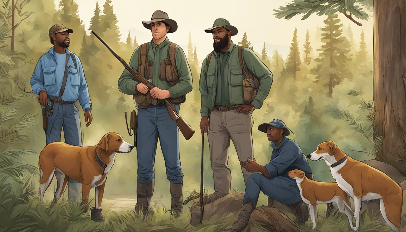 A group of diverse individuals in outdoor settings, learning about hunting safety and ethics. Displays of wildlife and nature in the background