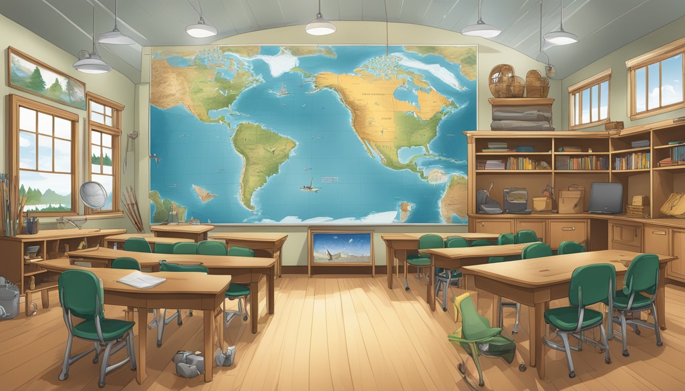 A classroom setting with a large map of North America on the wall, surrounded by various hunting equipment and educational materials